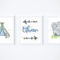 Boho Elephant Nursery - 3 Watercolor Art Prints with Name: 11" x 14" ~ Baby, Boy, Blue, Green, Gray