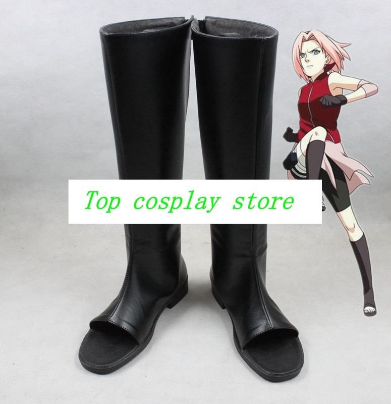 Naruto Sakura Haruno black pu leather ver Cosplay Boots shoes shoe boot  #NC795