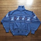 Scandia Woods Mens Large Acrylic Fair Isle Blue Red White Reindeer Zip Sweater