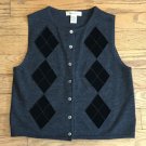 Eddie Bauer Women Small Merino Wool Gray Black Sleeveless Vest Button Down Top
