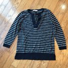 Ann Taylor LOFT Navy Blue and White 3/4 Sleeve Y-Neck Long Sleeve Drawstring Top