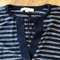 Ann Taylor LOFT Navy Blue and White 3/4 Sleeve Y-Neck Long Sleeve Drawstring Top