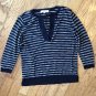 Ann Taylor LOFT Navy Blue and White 3/4 Sleeve Y-Neck Long Sleeve Drawstring Top