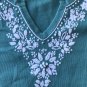 Orvis Womens Medium 100% Cotton Teal Long Sleeve Embroidered Y-Neck Line Top