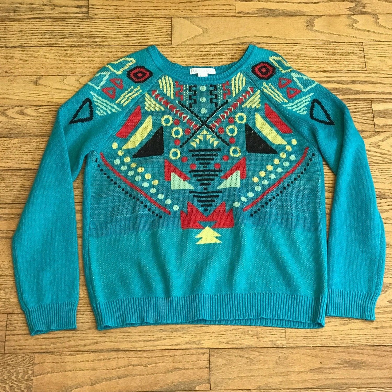 FOREVER 21 Womens Medium Teal Multi Color Aztec Pattern Long Sleeve