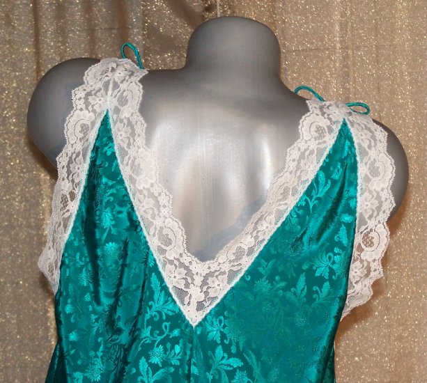 Green Satin Brocade Chemise Nightgown L