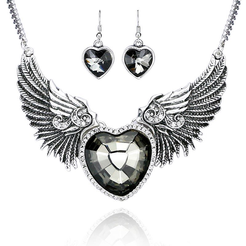 Vintage Punk Style Collar Statement Necklace Love Heart & Angel Wings Pendants