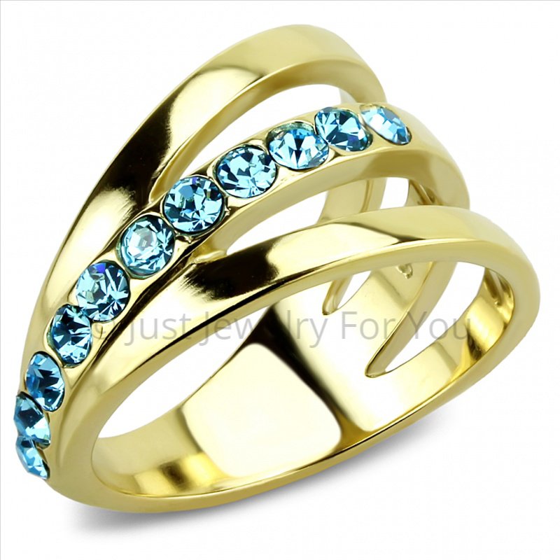 Sea Blue Crystal Stainless Steel Ring Size 8