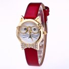 Rhinestone Cat With Glasses Analog Watch - Red