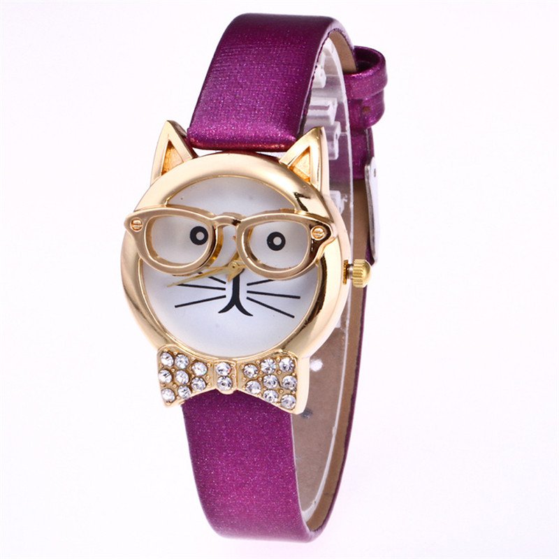 Rhinestone Cat With Glasses Analog Watch - Purple