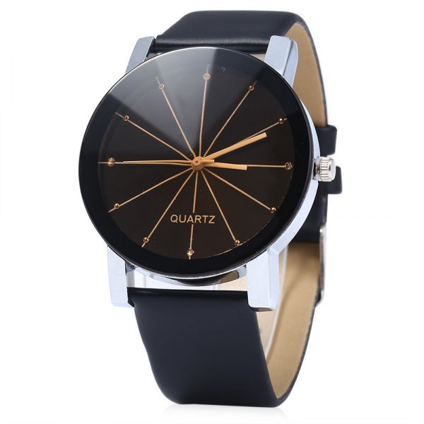 Men Quartz Watch Line Dial Leather Band - Black