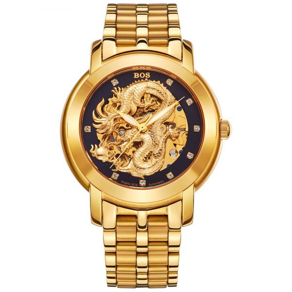 Diamond Scale Chinese Dragon Pattern Watch for Men - Black And Rose Gold