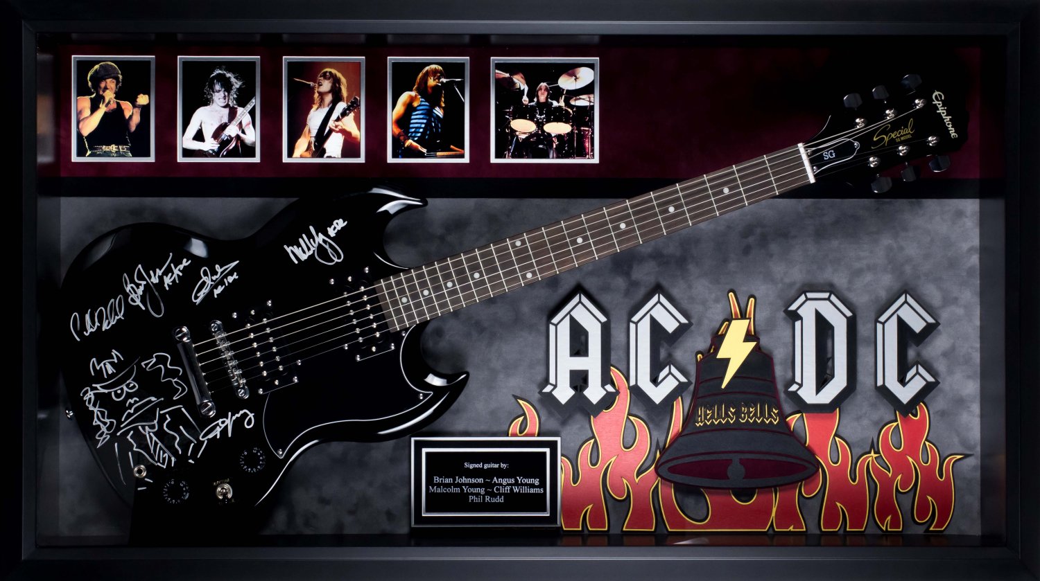 AC/DC Band Autographed 'Hells Bells' Signed Guitar in Framed Case