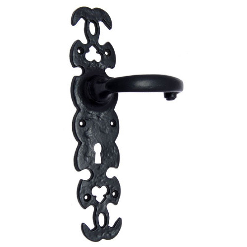 ""Akim"" Black Iron Door Handle with Plate - Black Powdercoated