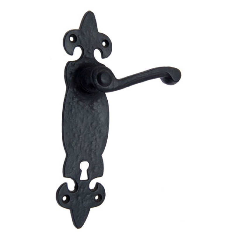 ""Azor"" Black Iron Door Handle with Plate - Black Powdercoated