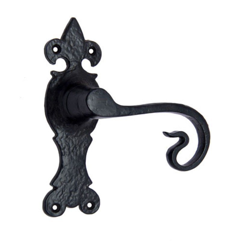 ""Shealtiel"" Black Iron Door Handle with Plate - Black Powdercoated