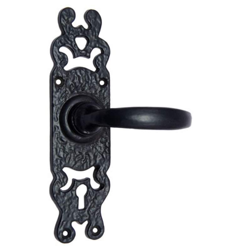""Zerubbabel"" Black Iron Door Handle with Plate - Black Powdercoated