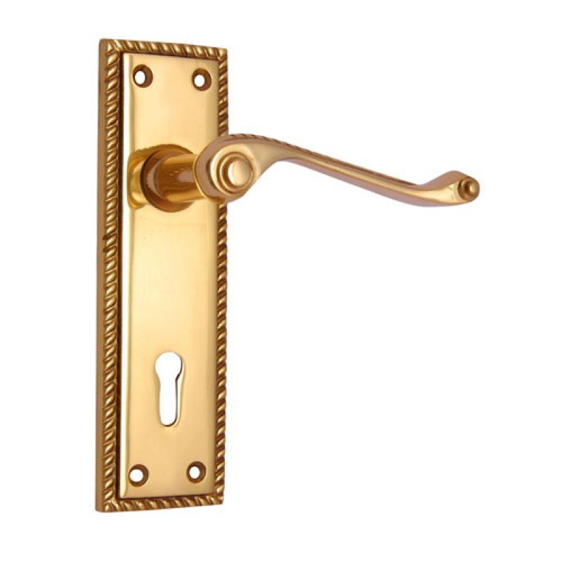""Abiram"" Brass Door Handle with Plate - Polish Lacquered
