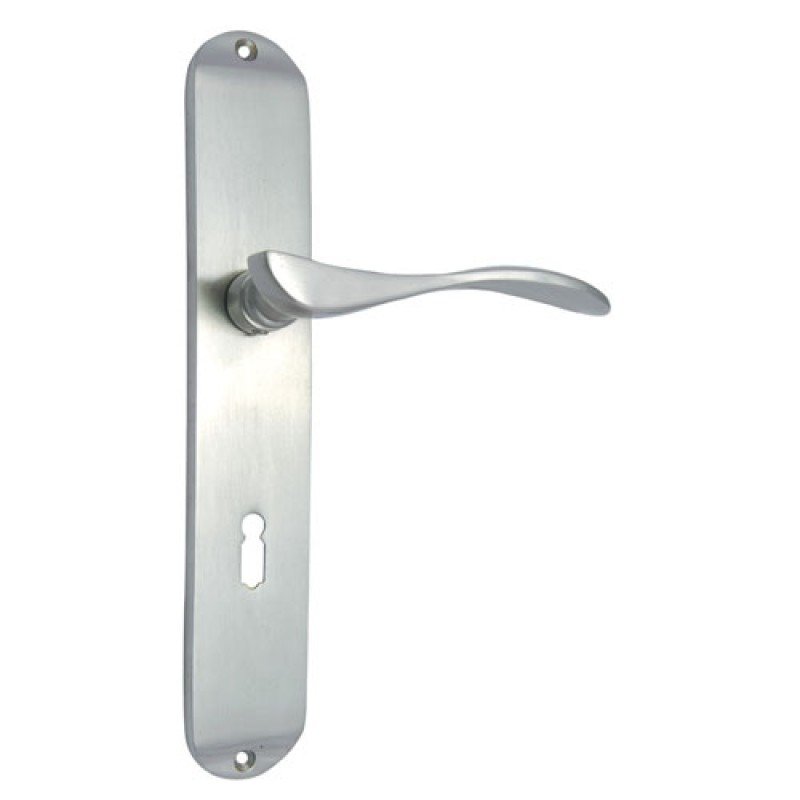 ""Hezekiah"" Brass Door Handle with Plate - Satin Nickel