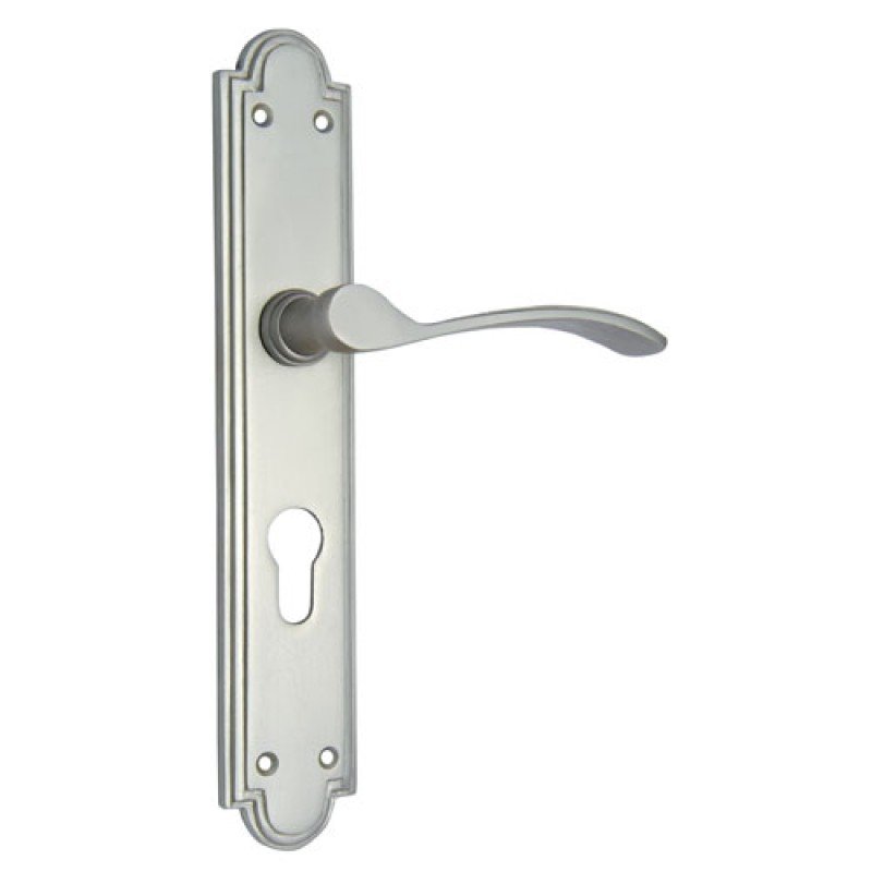 ""Hezron"" Brass Door Handle with Plate -  Satin Nickel