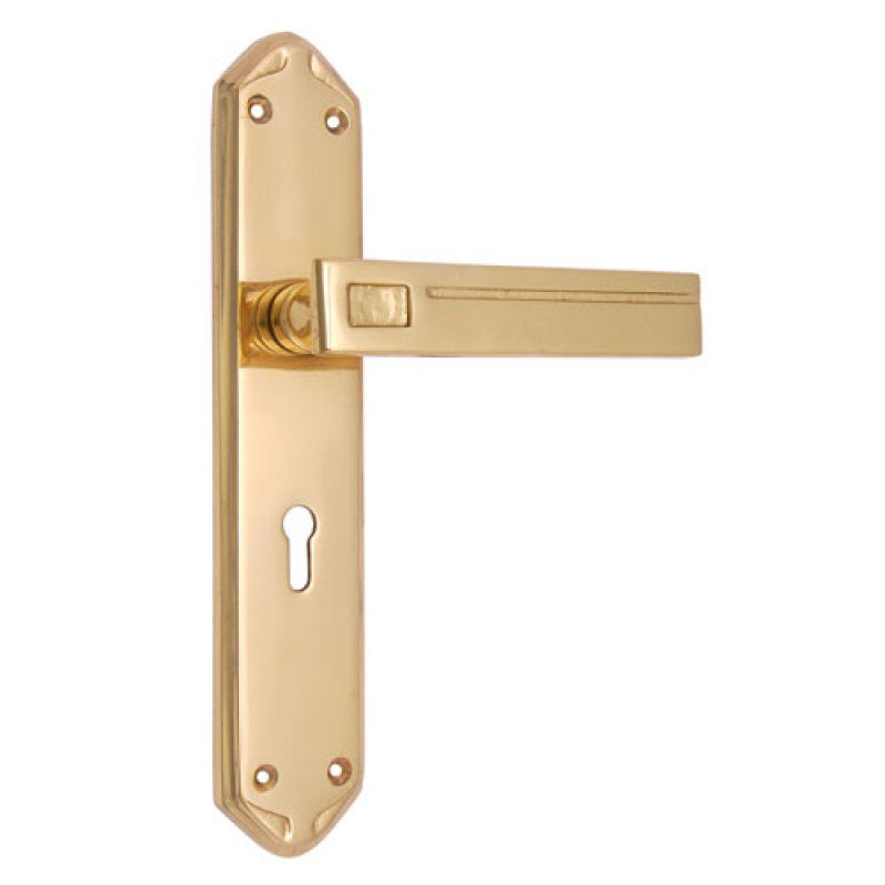 ""Joash"" Brass Door Handle with Plate - Polish Lacquered