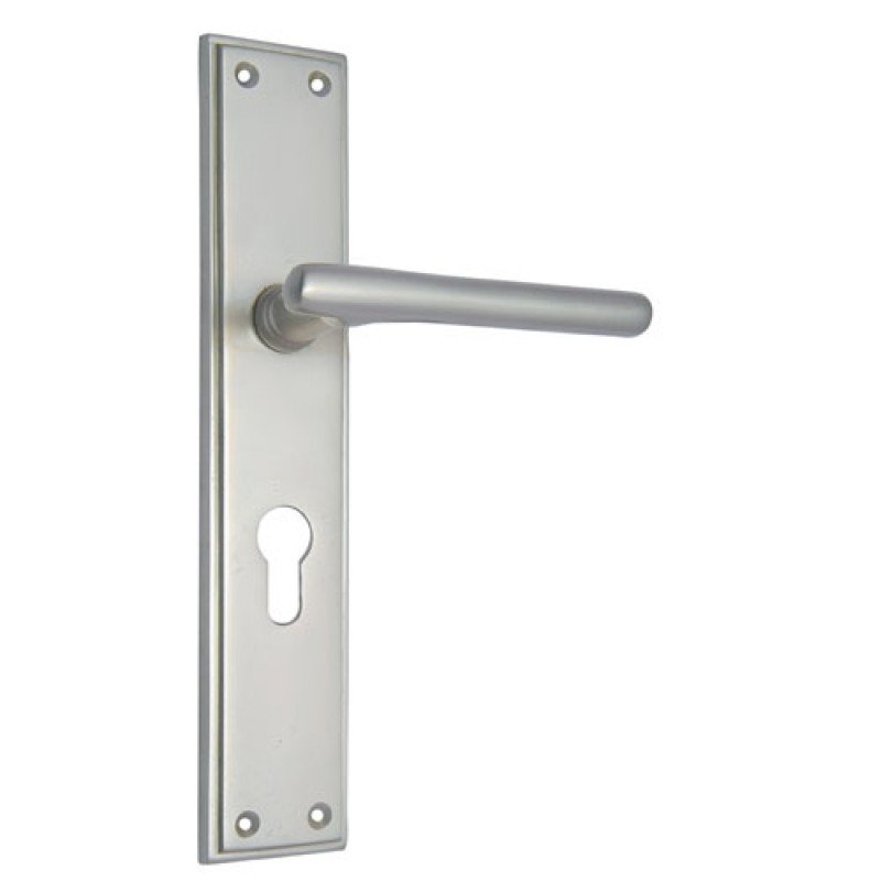""Jotham"" Brass Door Handle with Plate - Satin Nickel