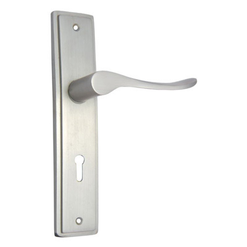 ""Levi"" Brass Door Handle with Plate -  Satin Nickel