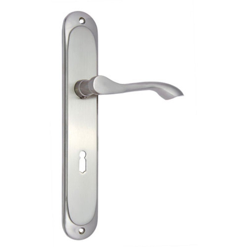 ""Obed"" Brass Door Handle with Plate -  Satin Nickel