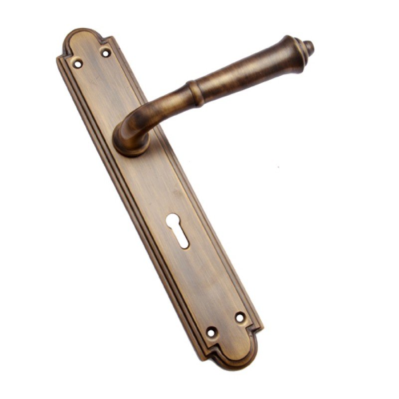 ""Sela"" Brass Door Handle with Plate -  Antique Brass