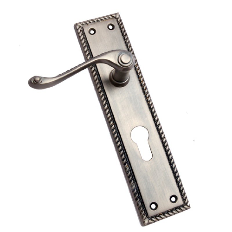 ""Serug"" Brass Door Handle with Plate - Antique Brushed Nickel