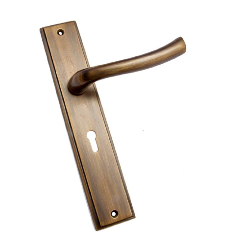 ""Shimei"" Brass Door Handle with Plate - Antique Brass
