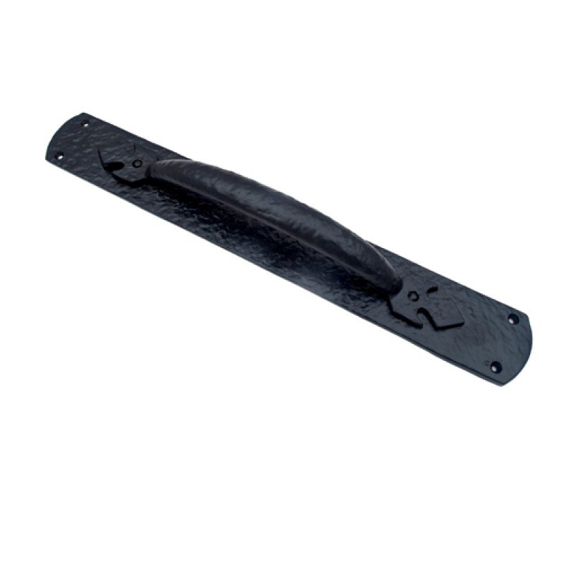""Antothijah"" Black Antique Iron Door Pull with Plate -  Black Powdercoated