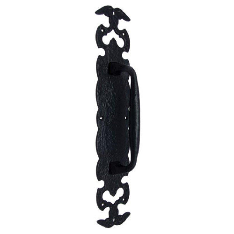""Lydda"" Black Antique Iron Door Pull with Plate - Black Powdercoated