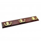 3 Iron Hooks on Mahogany Colour Wood -  Brass Plated & Mahogany Colour Wooden
