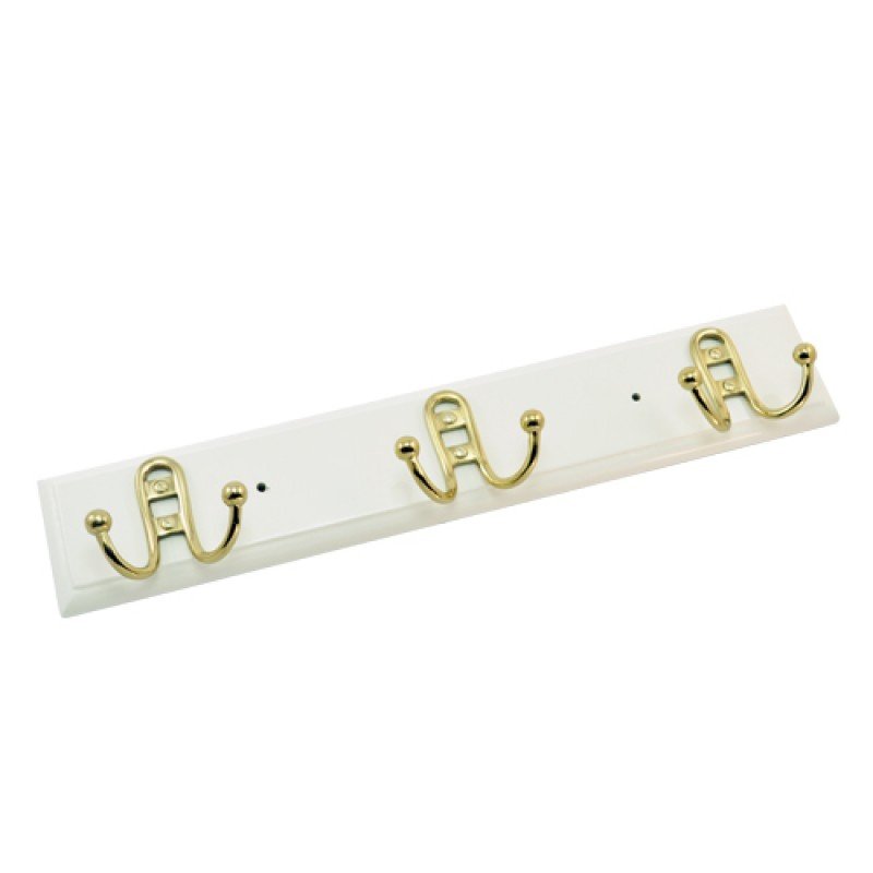 3 Iron Hooks on White Colour Wood - Brass Plated & White Colour Wooden