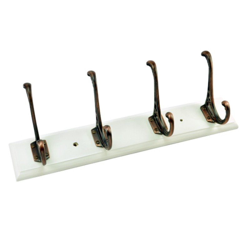 4 Heavy Brass Hooks on White Colour Wood - Anique Copper & White Colour Wooden Plate