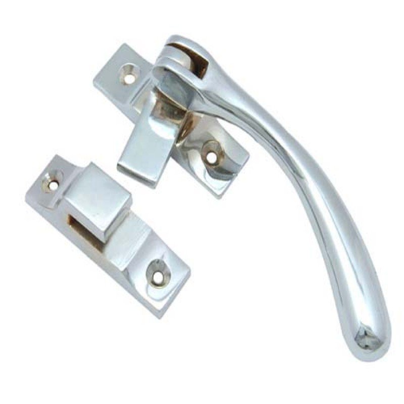Left Curved Brass Window Fastener - Polished Chrome