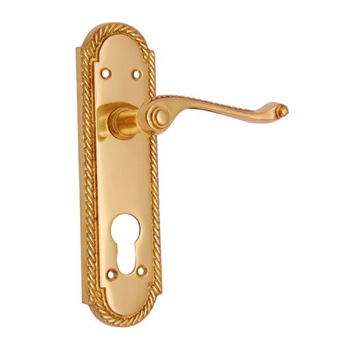 ""Mahalalel"" Brass Door Handle with Plate - Polish Lacquered