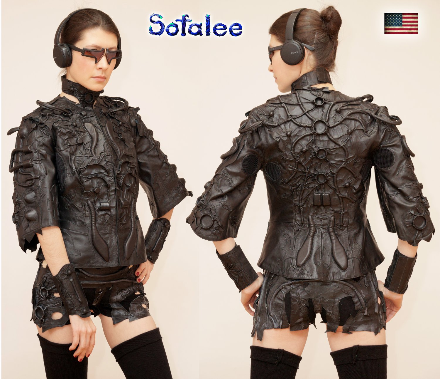 Black genuine women's leather jacket Cyberpunk style "Mizar-99"