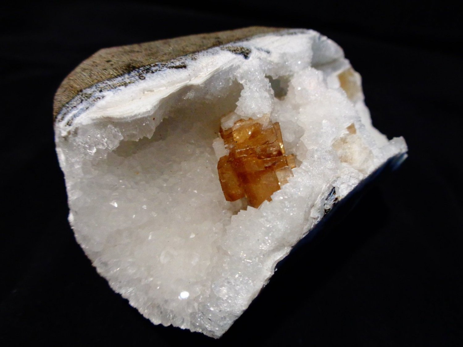 CALCITE CRYSTAL ON AMETHYST SEMI GEODE  E-#3-05