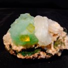 GREEN APOPHYLLITE WITH TWIN CALCITE AND STILBITE BLADE ON HEULANDITE  !!!S-4