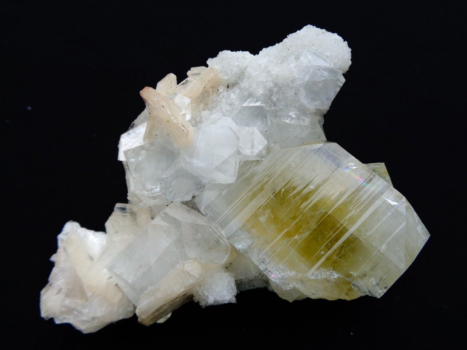 APOPHYLLITE LIGHT GREEN CRYSTAL BUNCH WITH STILBITE BLADE ON WHITE MATRIX  # R-5