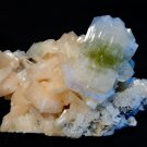 SHINY GREEN APOPHYLLITE CRYSTAL WITH STILBITE ON WHITE CHALCEDONY  E-#4-02