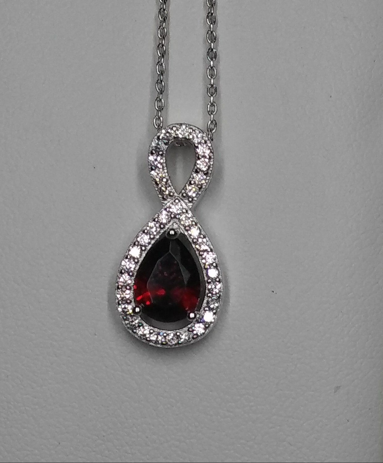 Sterling Silver Pear Shaped Dark Garnet CZ Pendant and Chain