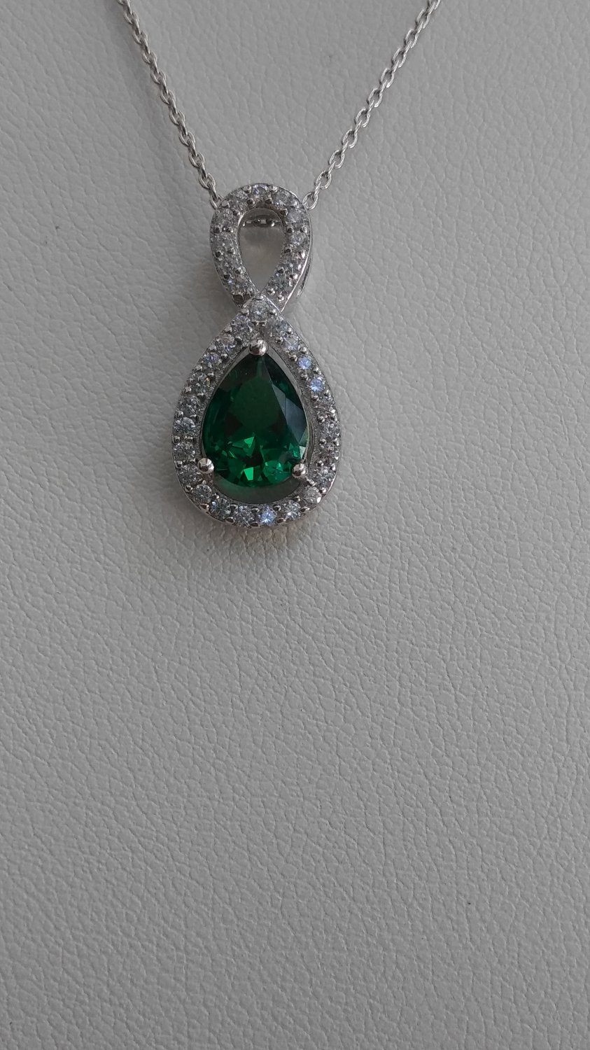 Sterling Silver Pear Shaped Nano Green CZ Pendant and Chain