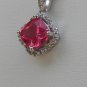 Sterling Silver Radiant Cut Red Corundum CZ Pendant and Chain