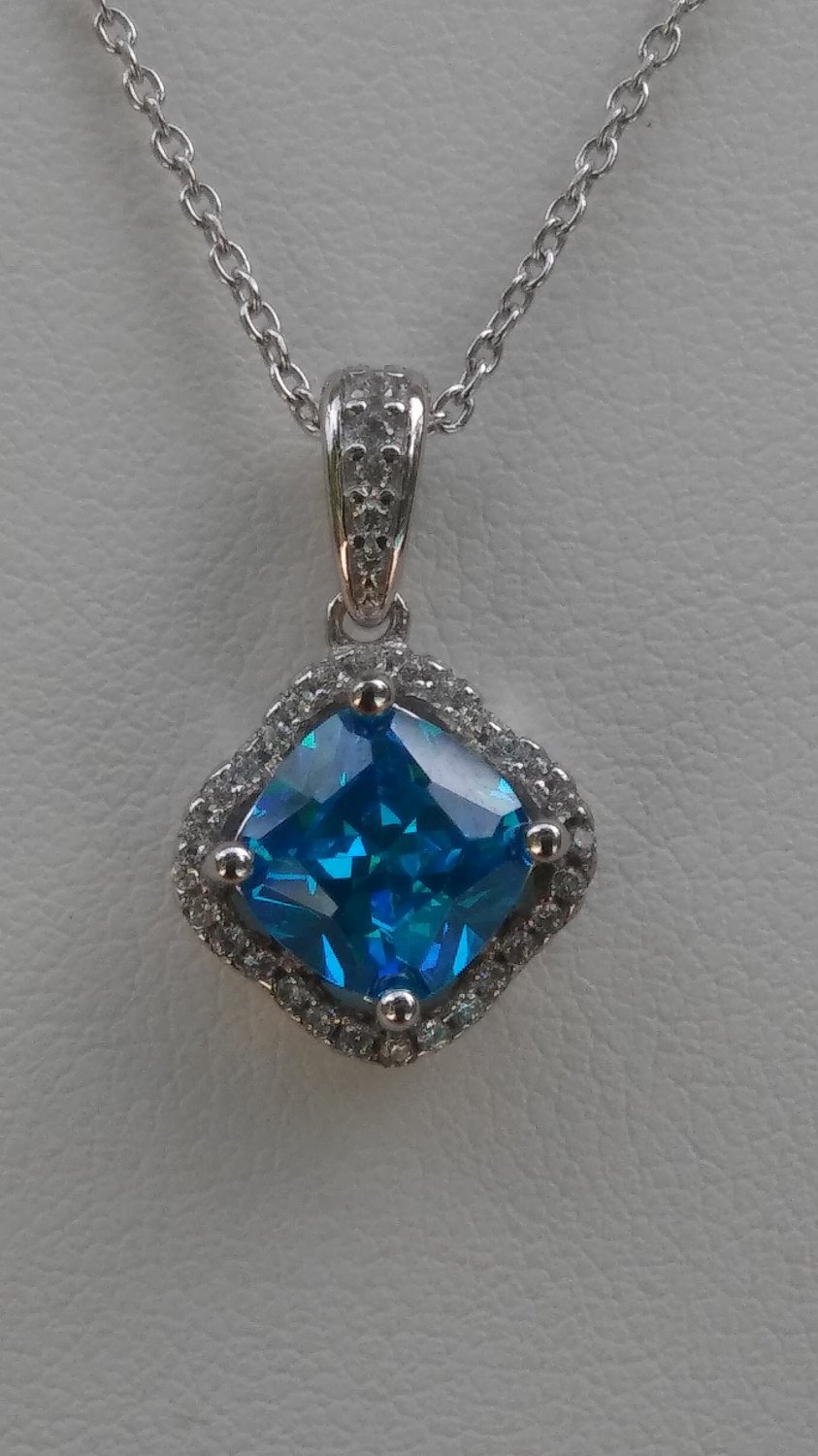 Sterling Silver Radiant Cut Blue Topaz CZ Pendant and Chain