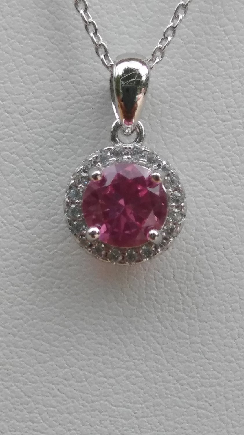 Sterling Silver Circle Red Corundum CZ Pendant and Chain