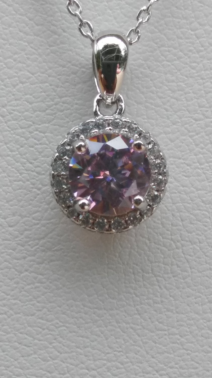 Sterling Silver Circle Pink CZ Pendant and Chain