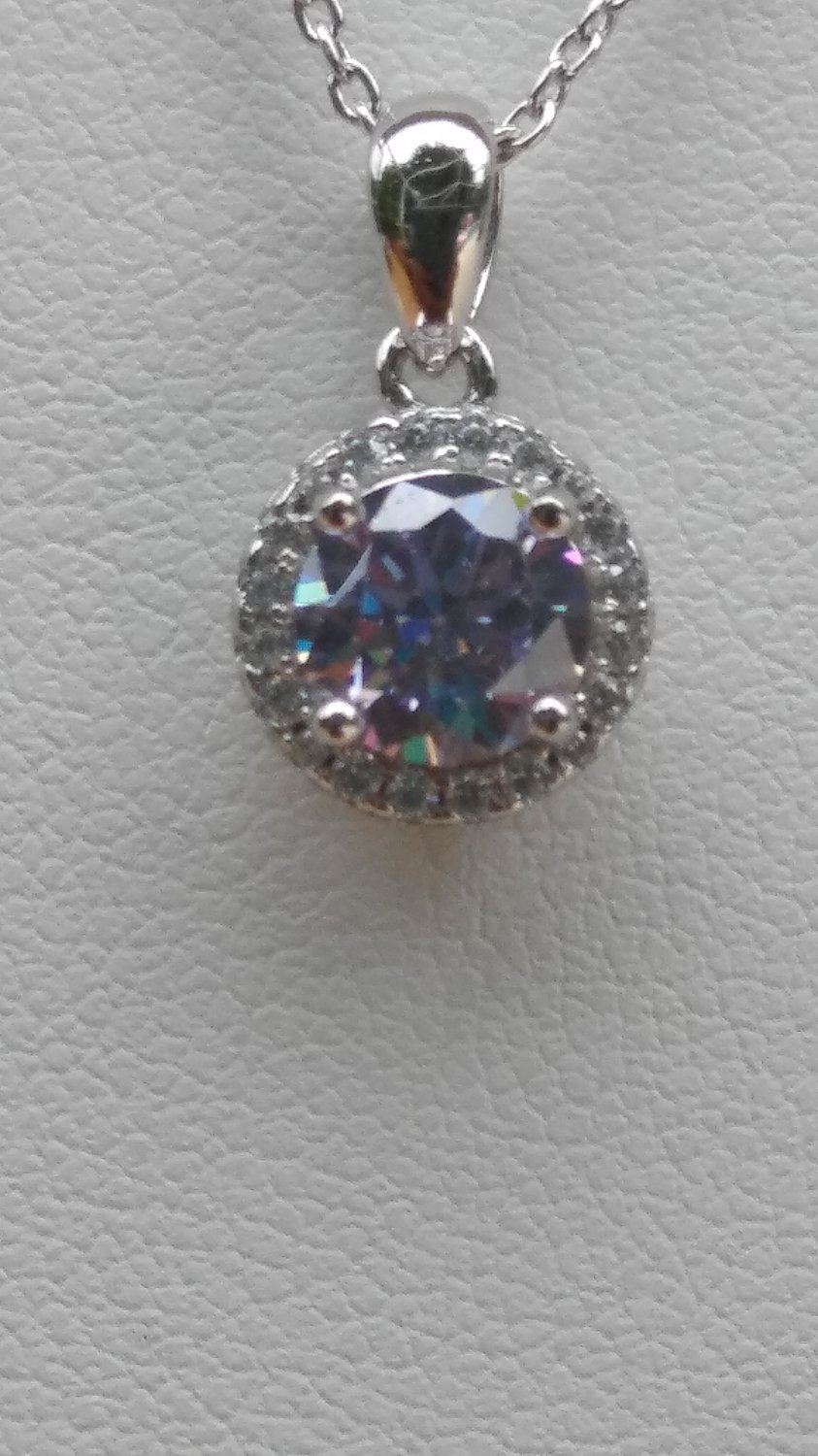 Sterling Silver Circle Lavender CZ Pendant and Chain